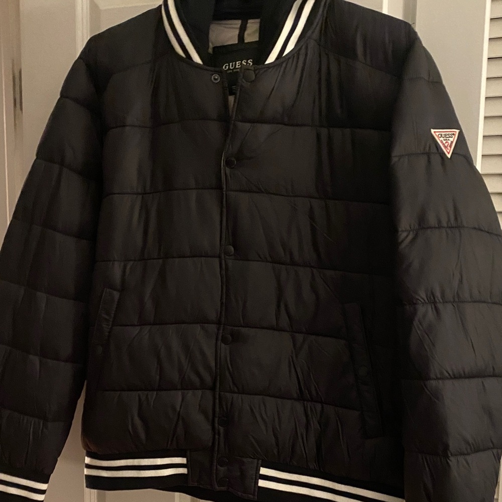 GUESS Black Bomber Jacket with Striped Collar